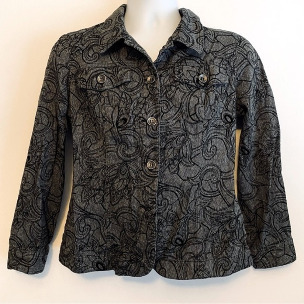 Women's Grunge‎ Gray Patterned Flap Pocket Chambray Denim Jacket M Streetwear